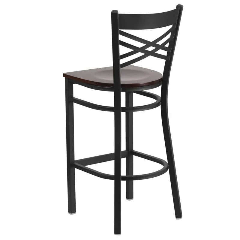 HERCULES Series Black ''X'' Back Metal Restaurant Barstool - Cherry Wood Seat [XU-6F8BXBK-BAR-CHYW-GG] Pie's Variety Store