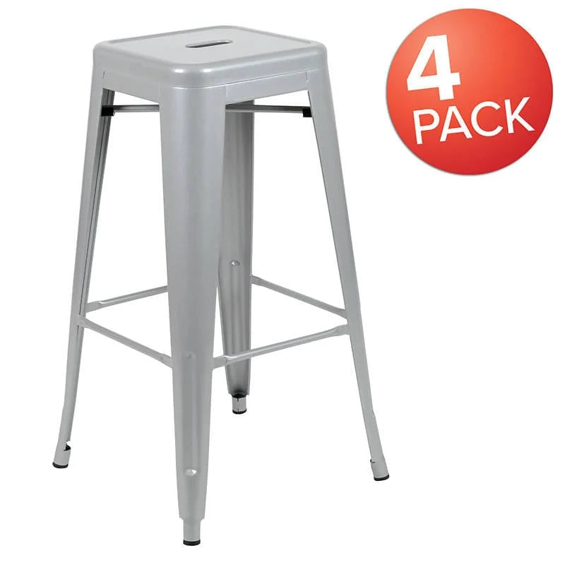 30" High Metal Indoor Bar Stool in Silver - Stackable Set of 4 [4-ET-31320-30-SV-R-GG] Fl Furniture