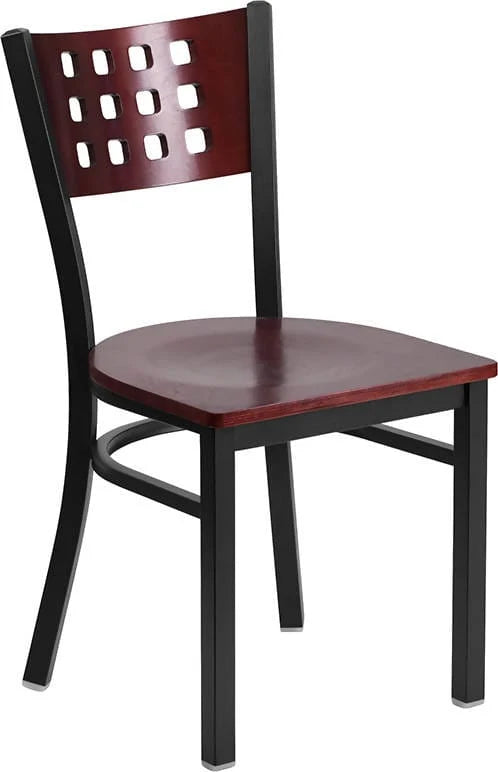 HERCULES Series Black Cutout Back Metal Restaurant Chair - Mahogany Wood Back & Seat [XU-DG-60117-MAH-MTL-GG] Pie's Variety Store