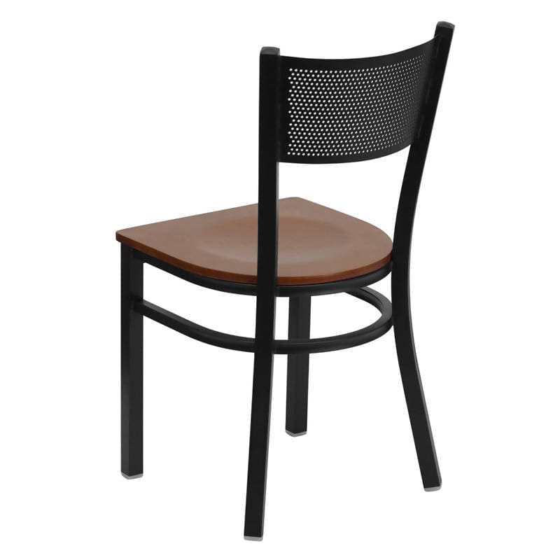 HERCULES Series Black Grid Back Metal Restaurant Chair - Cherry Wood Seat [XU-DG-60115-GRD-CHYW-GG] Pie's Variety Store