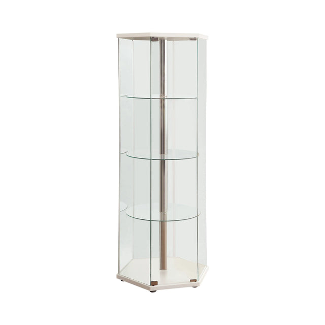 4-Shelf Hexagon Shaped Curio Cabinet White And Clear Three round glass shelves provide ample space to store essentials.- 950001 Pie's Variety Store