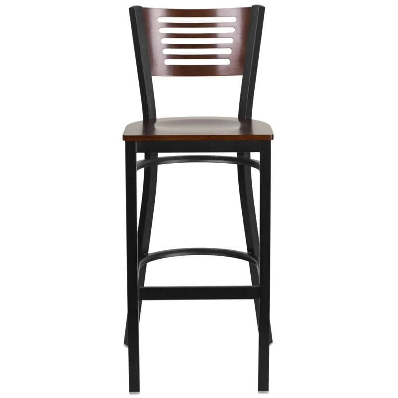 HERCULES Series Black Slat Back Metal Restaurant Barstool - Walnut Wood Back & Seat [XU-DG-6H1B-WAL-BAR-MTL-GG] Pie's Variety Store