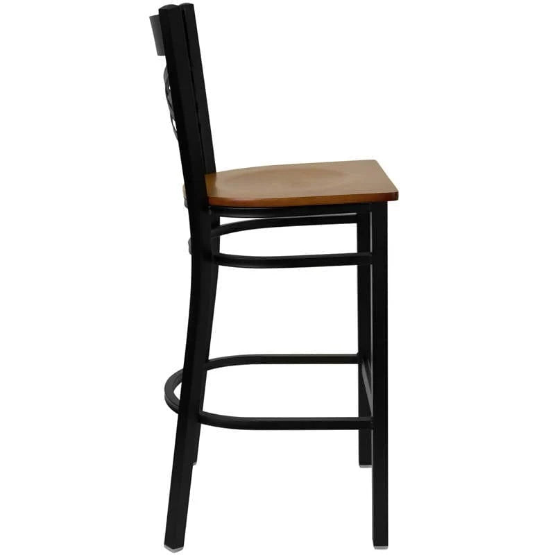 HERCULES Series Black ''X'' Back Metal Restaurant Barstool - Cherry Wood Seat [XU-6F8BXBK-BAR-CHYW-GG] Pie's Variety Store