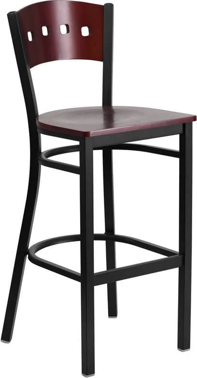 HERCULES Series Black 4 Square Back Metal Restaurant Barstool - Mahogany Wood Back & Seat [XU-DG-60515-MAH-BAR-MTL-GG] Pie's Variety Store
