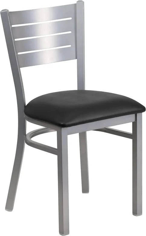 HERCULES Series Silver Slat Back Metal Restaurant Chair - Black Vinyl Seat [XU-DG-60401-BLKV-GG] Pie's Variety Store