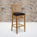 HERCULES Series Vertical Slat Back Natural Wood Restaurant Barstool - Black Vinyl Seat [XU-DGW0008BARVRT-NAT-BLKV-GG] Pie's Variety Store